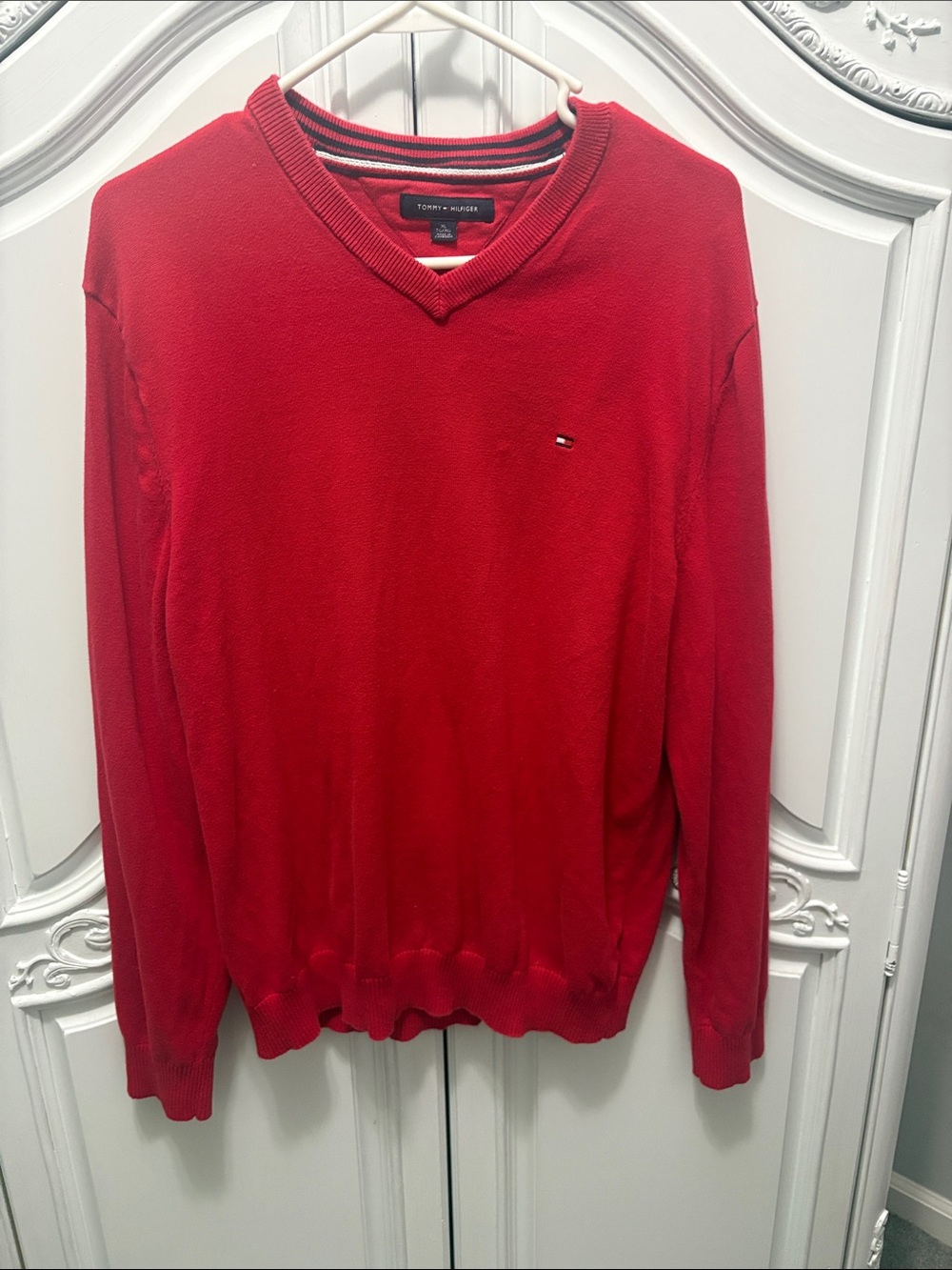 Tommy Hilfiger Red V-Neck Knit Sweater with Subtle Flag Emblem - XL